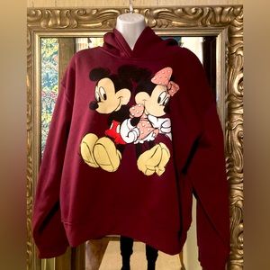 NWOT burgundy Disney hooded sweatshirt with Mickey and Minnie Mouse